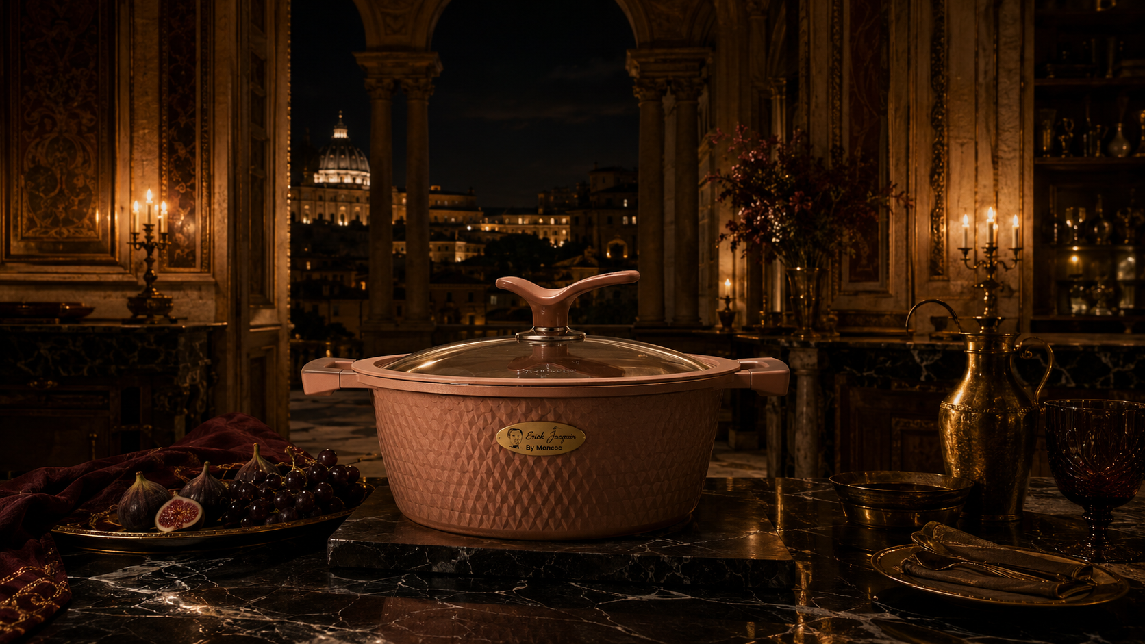 Panela Erick Jacquin By Moncoc em palazzo romano à noite, com cúpula de São Pedro ao fundo